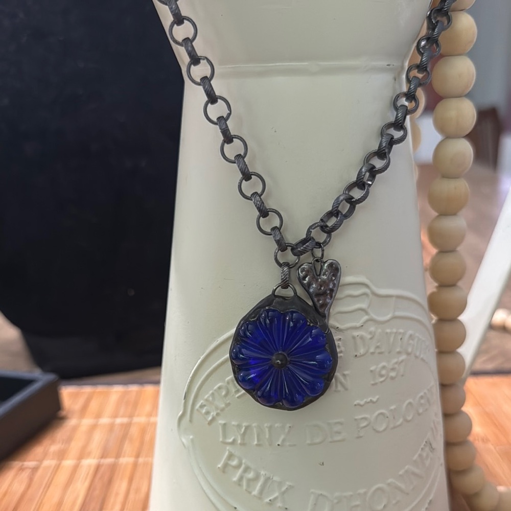 Vintage Soldered Glass Flower Pendant .